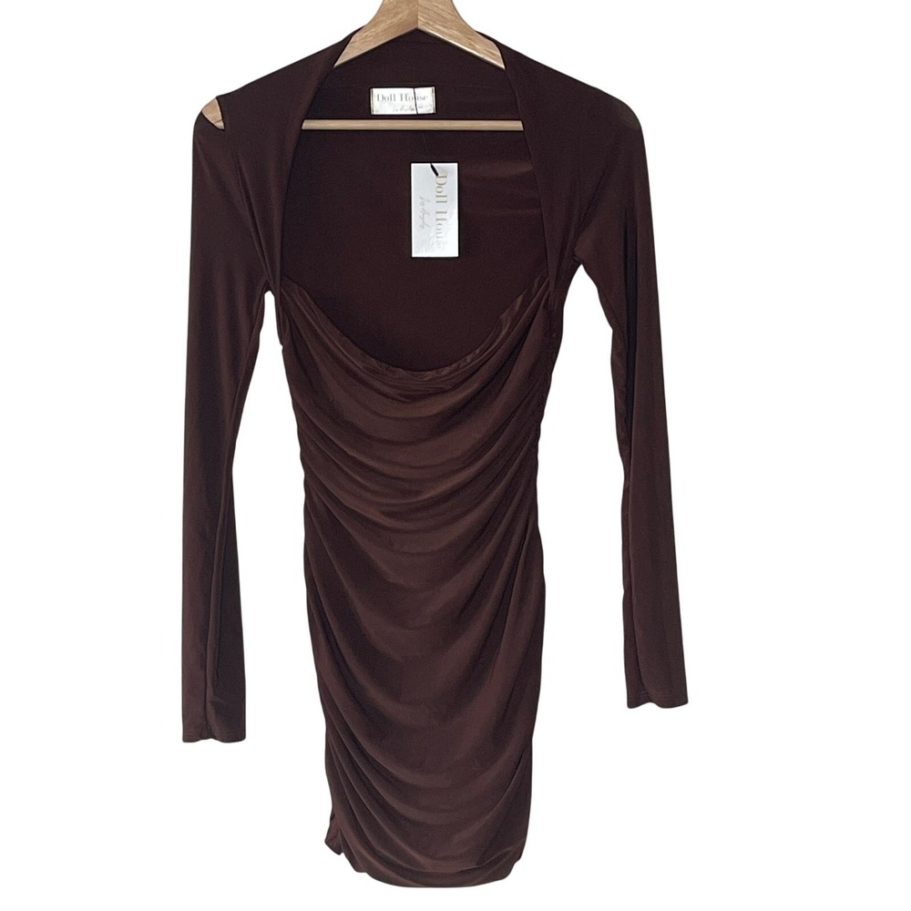 Doll House Los Angeles Long Sleeve Ruched Bodycon Mini Dress Brown Size S NWT